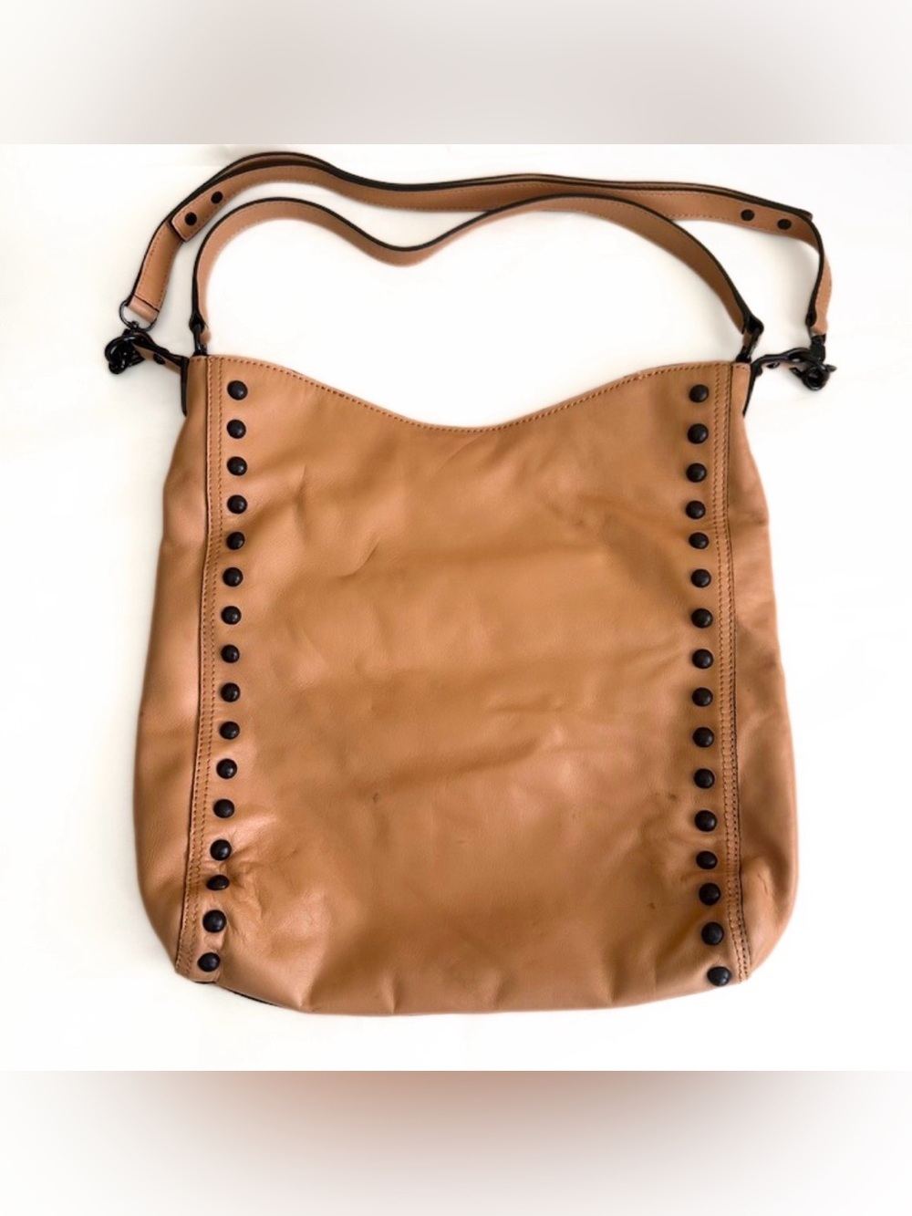 Loeffler Randal Large Leather Handbag Laptop Tote Camel Nude Tan Purse Hobo Stud